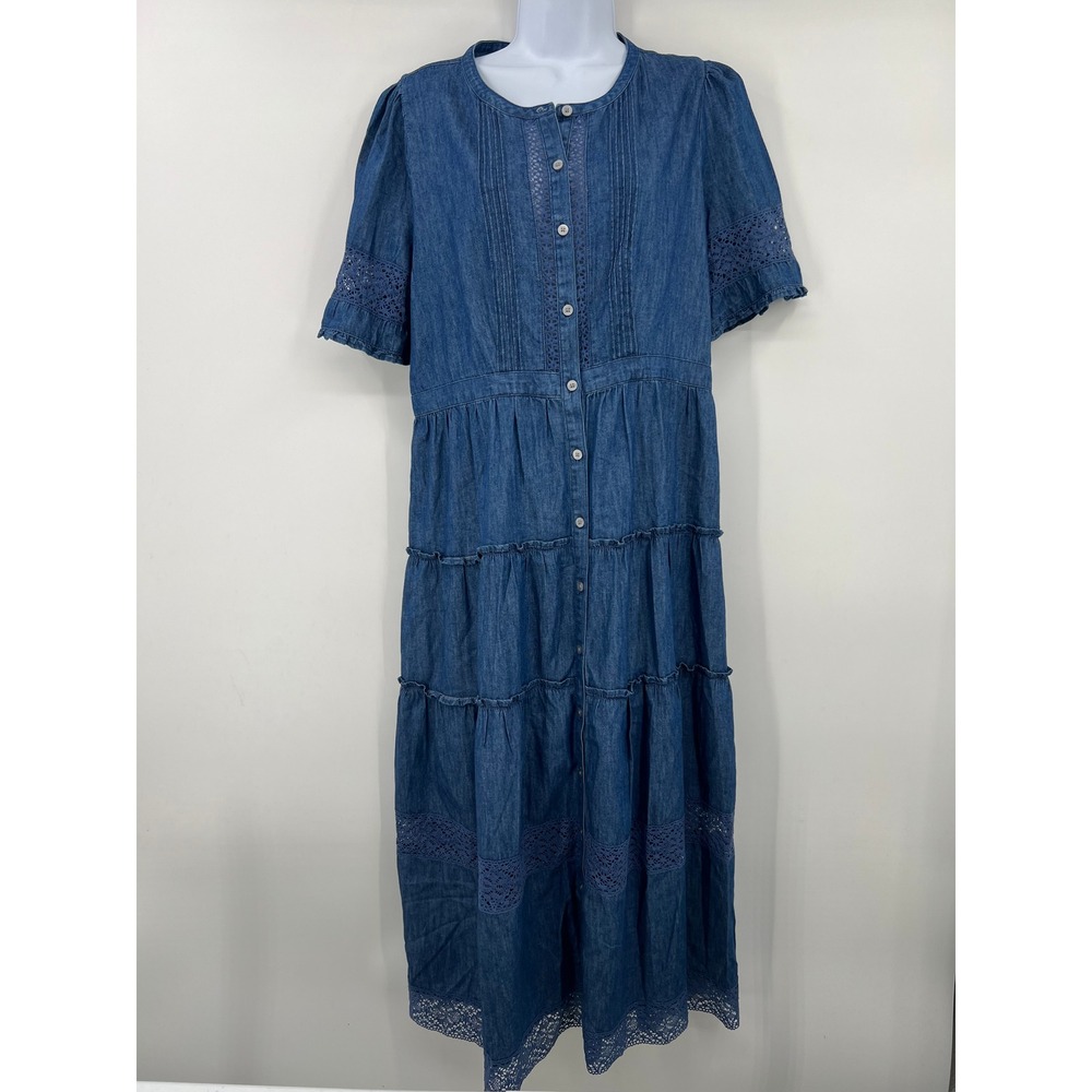 Gap x LoveShackFancy M Edie Denim Lace Ruffle Tiered Prairie Maxi Dress